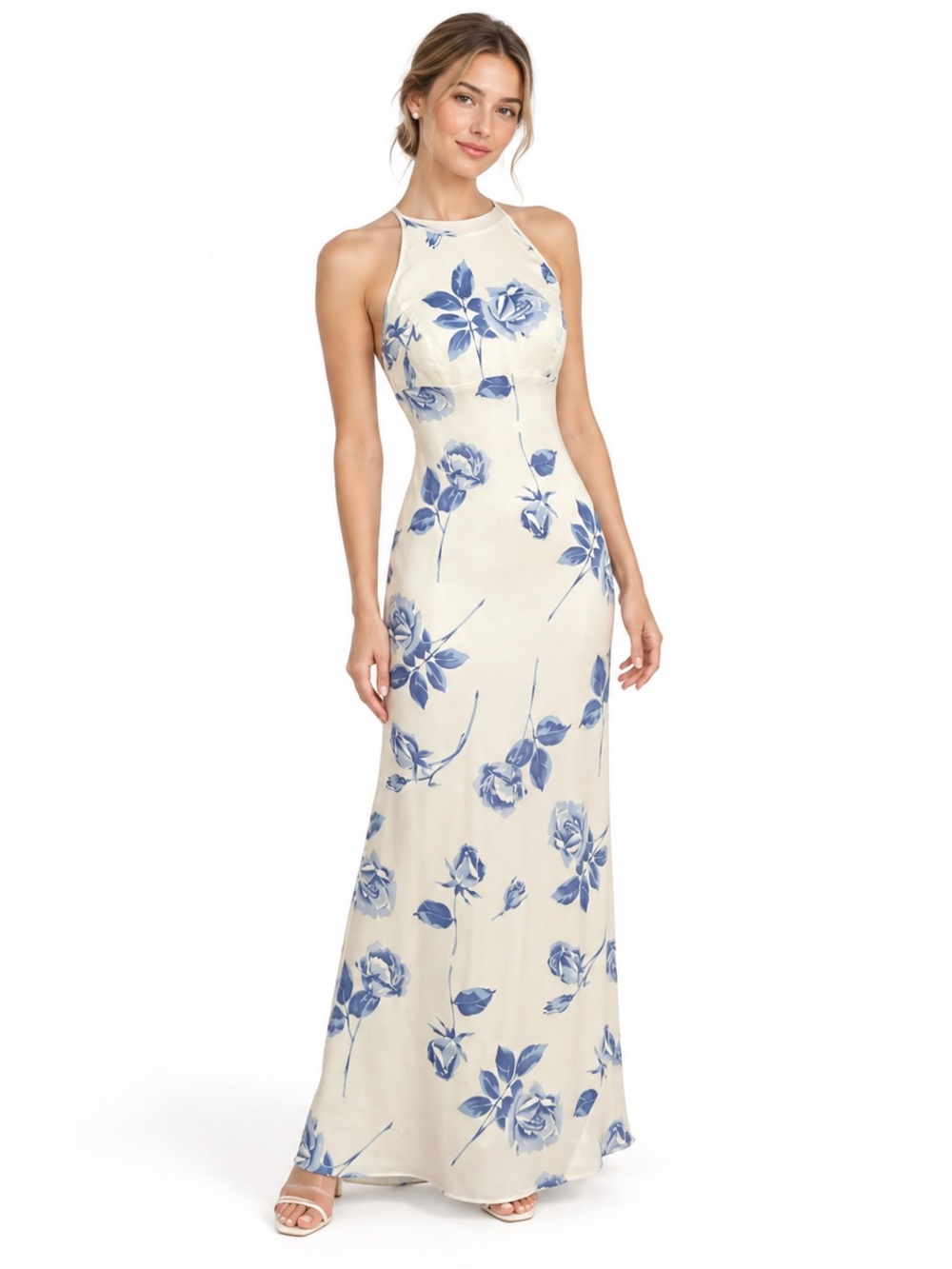 Vintage R-Wear Rampage Blue Rose Floral Halter Maxi Slip Dress Size 5 Y2K